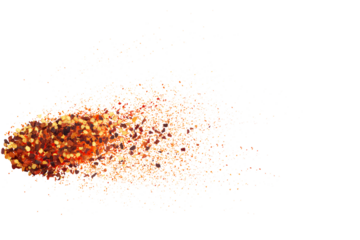  dry organic kashmiri red chili pepper flakes powder burst texture on cutout transparent background,png format,selective focus,top view,text copy space