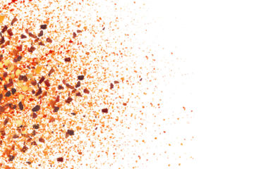  dry organic kashmiri red chili pepper flakes powder burst texture on cutout transparent background,png format,selective focus,top view,text copy space