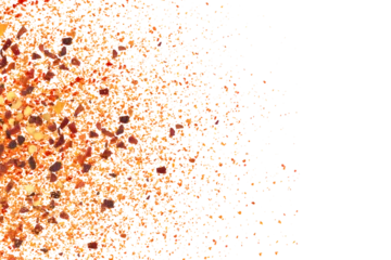 Küchenrückwand glas motiv Scharfe Chili-pfeffer  dry organic kashmiri red chili pepper flakes powder burst texture on cutout transparent background,png format,selective focus,top view,text copy space  © gv image