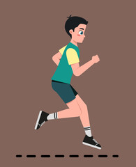 Running teenage boy. Poster of boy jogging outdoors. Athlete character does physical exercise and leads active lifestyle. Guy doing cardio workout. Cartoon flat vector illustration