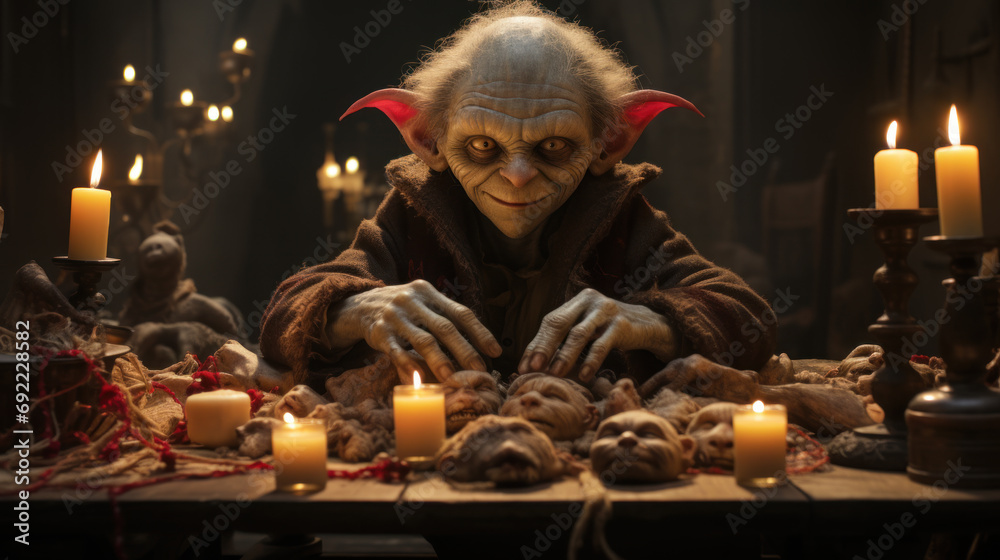 Wall mural creepy goblin sitting at the table with candles and torn off faces - Wall murals