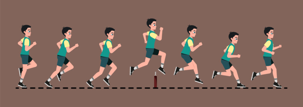 Animation frames of Running man. Sprites sheet for animating moving teenage boy doing athletics. Sports and active lifestyle. Cartoon flat vector illustration set isolated on brown background