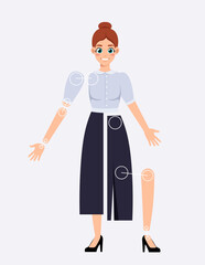 Set of Character Constructor for Animation. Portrait of smiling female teacher with arms and legs moving in joints. Animating Body. Cartoon flat vector illustrations isolated on white background