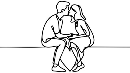 Continuous one line drawing. Loving couple woman and man sitting and kissing. Vector illustration