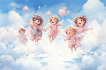 Watercolor painting of winged cherubs floating in a sky filled with hearts and soft clouds. - obrazy, fototapety, plakaty