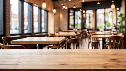 Empty Wooden Table for Product Presentation with Cafe, Restaurant Background	