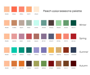 Peach color palette. Winter, spring, summer, autumn seasons color samples with hex codes. Color trends concept.