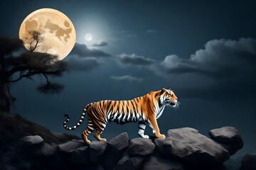 Fototapeta na wymiar tiger standing on a rock in front of full moon