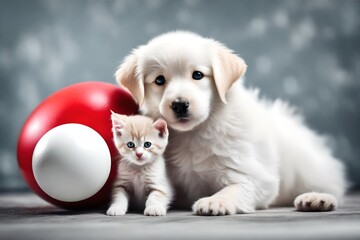 white puppy and little healthy kitten play with red ball