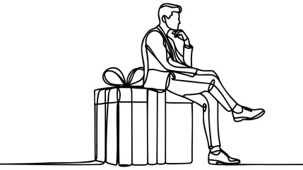 Single continuous line drawing man sitting on big gift box. Big present concept.