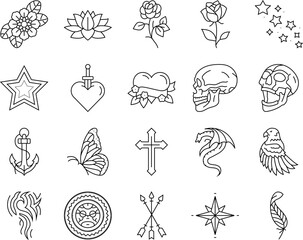 tattoo art rose vintage style icons set vector. flower retro, drawing ink, old traditional, american anchor, skull woman tattoo art rose vintage style black contour illustrations - obrazy, fototapety, plakaty