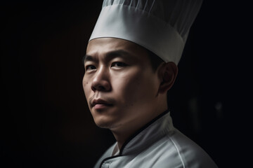 Korean chef in a white jacket in the kitchen of an exclusive restaurant. Asian food