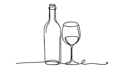 Wine and glass of wine one line sketch vector illustration on white background