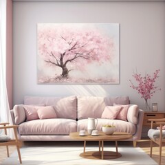 Modern Living Room with Pink Sofa and Cherry Blossom Artwork. Ideal for home decor, interior design themes, magazines and blogs.