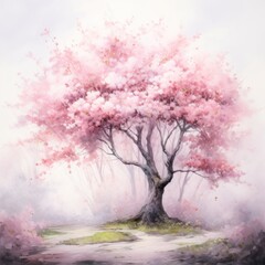 Mystical Spring Sakura Bloom. Cherry tree with pink blossoms stands amidst fog, creating tranquil scene. Watercolor painting. For use in meditation and relaxation content or nature-themed designs.