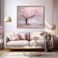 Modern Living Room with Pink Sofa and Cherry Blossom Artwork. Ideal for home decor, interior design themes, magazines and blogs.