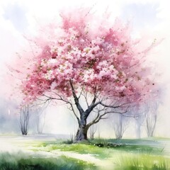 Mystical Spring Sakura Bloom. Cherry tree with pink blossoms stands amidst fog, creating tranquil scene. Watercolor painting. For use in meditation and relaxation content or nature themed designs.
