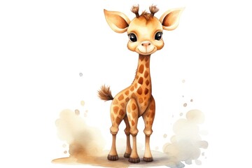 Watercolor Illustration of a Cute giraffe. Cartoon african animal. Isolated on white background. For childrens books, educational materials, decor, decorative prints, greeting cards, scrapbooking