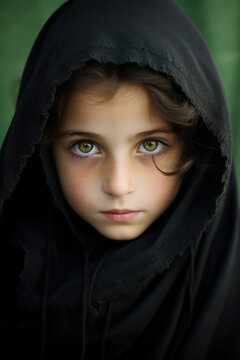 Little girl in a black-green hood. The hair is black, the eyes are green, the face is beautiful