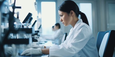 Serious concentrated female microbiologist doing research in laboratory - obrazy, fototapety, plakaty