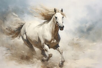 Obraz na płótnie Canvas Majestic White Horse Galloping in Field. Power and Grace of Wild Horse in Motion. Illustration in style of oil painting, rough brush strokes. Concept of freedom and beauty of wild animal