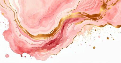 Blush pink watercolor fluid painting vector design card. Dusty rose and golden marble geode frame. Spring wedding invitation. Petal or veil texture.