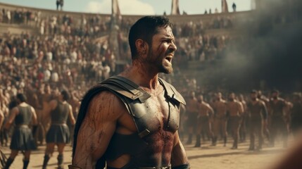 warrior in armor in coliseum shouting victory - obrazy, fototapety, plakaty