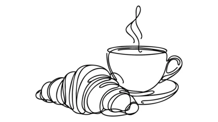 Fototapete Eine Linie Croissant and coffee drawn in one line style.