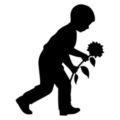 Vector illustration. Silhouette of a boy with a sunflower in his hand.