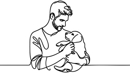 Man holds a dog in his hands or walks with him - one line art vector. concept dog owner, dog grooming