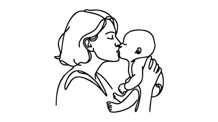 Continuous line drawing mother kisses baby. One line drawing of mother and her child