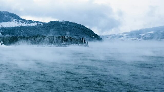 Foggy Lake with Trees Close-Up Winter Video Footage Dillon Lake Colorado 4K