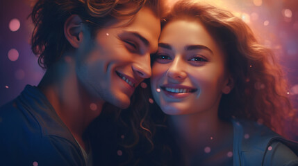 portrait of a couple in love. Close up image of young man and woman happily holding faces together