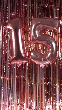 Quincea&ntilde;era Rose Gold Curtains and Balloons Background 