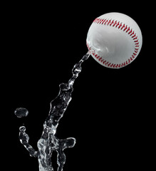Baseball ball hit water and splash in air. Baseball ball fly in rain and splatter splash in droplet...