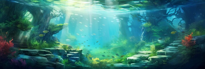 Underwater Seascape Panorama in Oil Painting Style - For Background, Poster, Wall Art, Wallpaper  - obrazy, fototapety, plakaty