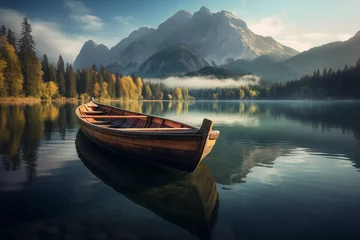  Wooden boat on the crystal lake with majestic mountain behind. Reflection in the water. © FawziaEssa