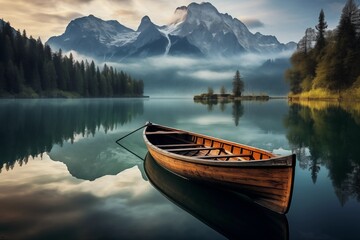 Wooden boat on the crystal lake with majestic mountain behind. Reflection in the water. - Powered by Adobe