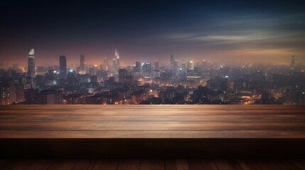 Fototapeta premium Cityscape View from Wooden Table at Night
