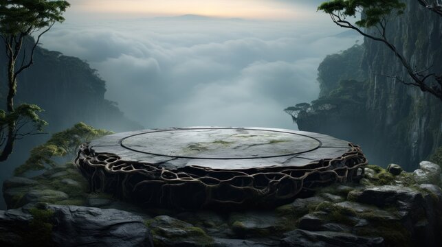 Mystical Cliffside Platform Amidst Cloudy Mountains