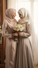 Muslim women bride in wedding dress with friend. Preparation for nikah. Flowers. Religion Islam. generative ai