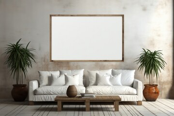 Blank Painting Modern Living Room with Stylish Furniture and Greenery Generative AI