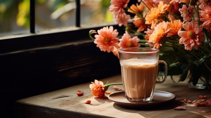 Obraz na płótnie Canvas A glass of freshly brewed latte takes center stage on a wooden windowsill, amidst the charming presence of autumnal flowers, offering warmth and comfort.