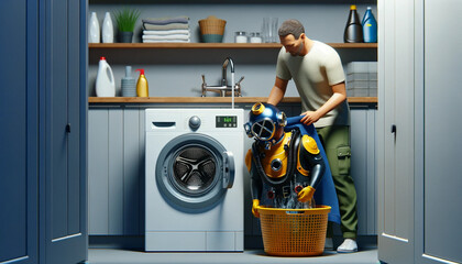 un homme en train de sécher sa combinaison de plongée après l'avoir lavée à la machine à laver. On voit aussi deux étagères avec une multitude d'objets.
