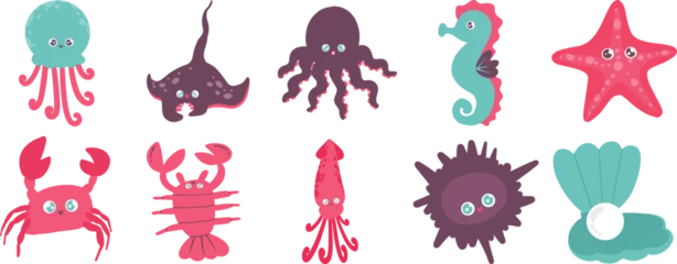 Crédence de cuisine en verre imprimé Vie marine Red Turquoise Cute Marine Animals Illustration Set