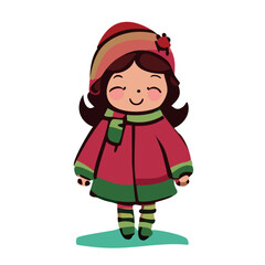 Vector de una niña con pelo castaño en invierno con bufanda y gorro de navidad