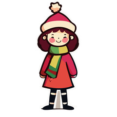 Vector de una niña con pelo castaño en invierno con bufanda y gorro de navidad