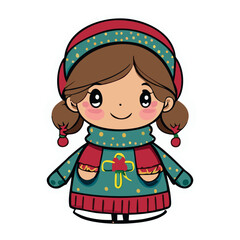 Vector de una niña con pelo castaño en invierno con bufanda y gorro de navidad