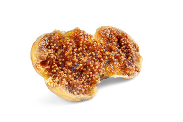 Dried figs. One torn dry fig isolated on a white. Dried fruit