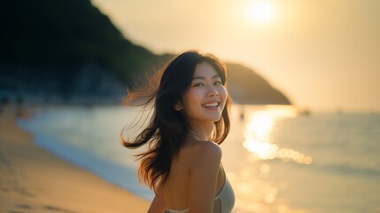 woman on the beach at sunset